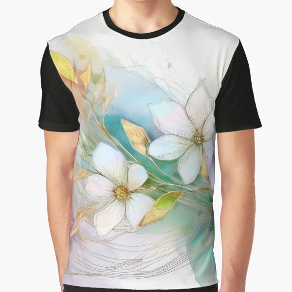 Aperçu de l'œuvre Aquarelle blanche de fleurs sauvages printanières avec vert abstrait, floral, fleurs, botaniques, rose aquarelle abstraite minimaliste, reflets dorés, décor printanier créée et vendue par navitalidesign.