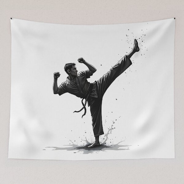 Item preview, Dynamic Karate Kick - Black and White Martial Arts Illustration designed and sold by AbstractAuraArt.
