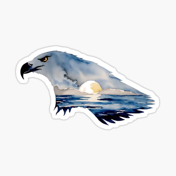 Aperçu de l'œuvre Silhouette d'aigle à tête blanche avec aquarelle incrustée d'une scène de nature dans un parc national ou une forêt, Sauvez notre nature sauvage pour la faune, faites de la randonnée et du camping, T-shirts classiques et autocollants créée et vendue par Mama.Does.Designs.