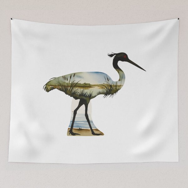Item preview, Sandhill Crane Silhouette with inlay watercolor of a nature scene in a National Park or Forest, Save our Wilderness for Wildlife, go Hiking and Camping, Classic T-Shirts and stickers designed and sold by Mama.Does.Designs.