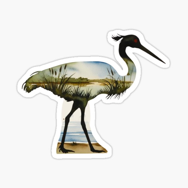Aperçu de l'œuvre Silhouette de grue du Canada avec aquarelle incrustée d'une scène de nature dans un parc national ou une forêt, Sauvez notre nature sauvage pour la faune, faites de la randonnée et du camping, T-shirts classiques et autocollants créée et vendue par Mama.Does.Designs.