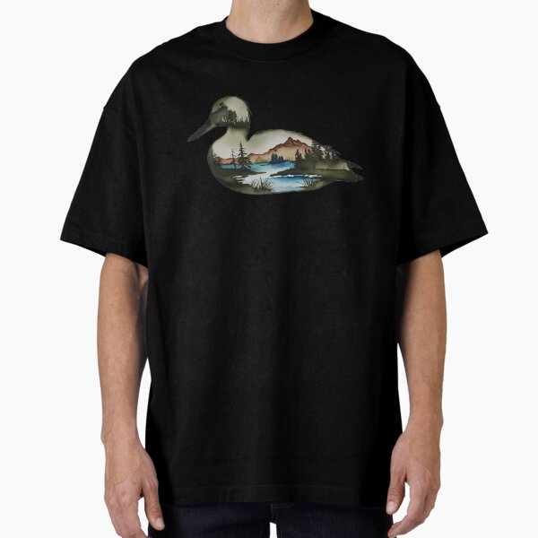 Aperçu de l'œuvre Silhouette de sauvagine avec aquarelle incrustée d'une scène de nature dans un parc national ou une forêt, Sauvez notre nature sauvage pour la faune, faites de la randonnée et du camping, T-shirts classiques et autocollants créée et vendue par Mama.Does.Designs.