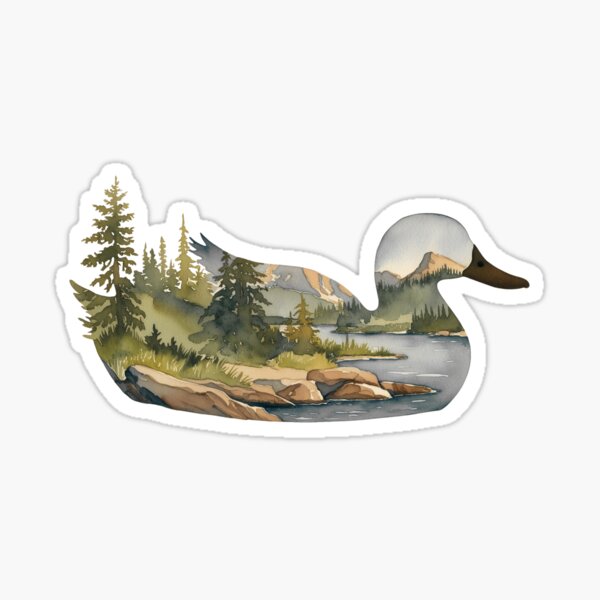 Aperçu de l'œuvre Silhouette de sauvagine 2 avec aquarelle incrustée d'une scène de nature dans un parc national ou une forêt, Sauvez notre nature sauvage pour la faune, faites de la randonnée et du camping, T-shirts classiques et autocollants créée et vendue par Mama.Does.Designs.