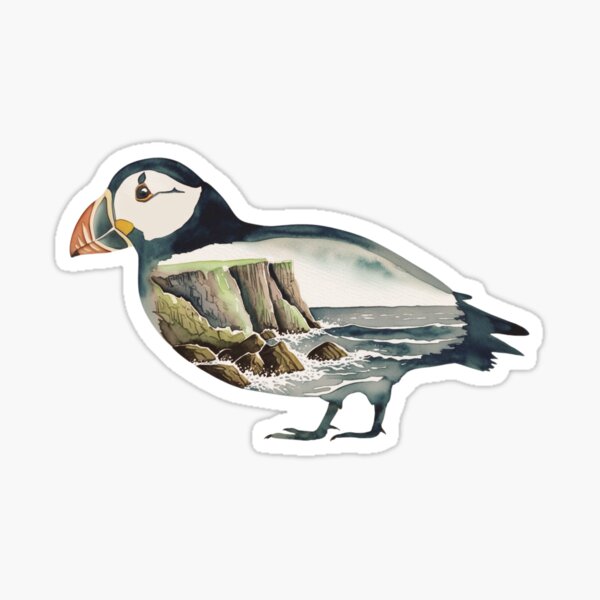 Aperçu de l'œuvre Silhouette d'oiseau marin macareux avec aquarelle incrustée d'une scène de nature dans un parc national ou une forêt, Sauvez notre nature sauvage pour la faune, faites de la randonnée et du camping, T-shirts classiques et autocollants créée et vendue par Mama.Does.Designs.