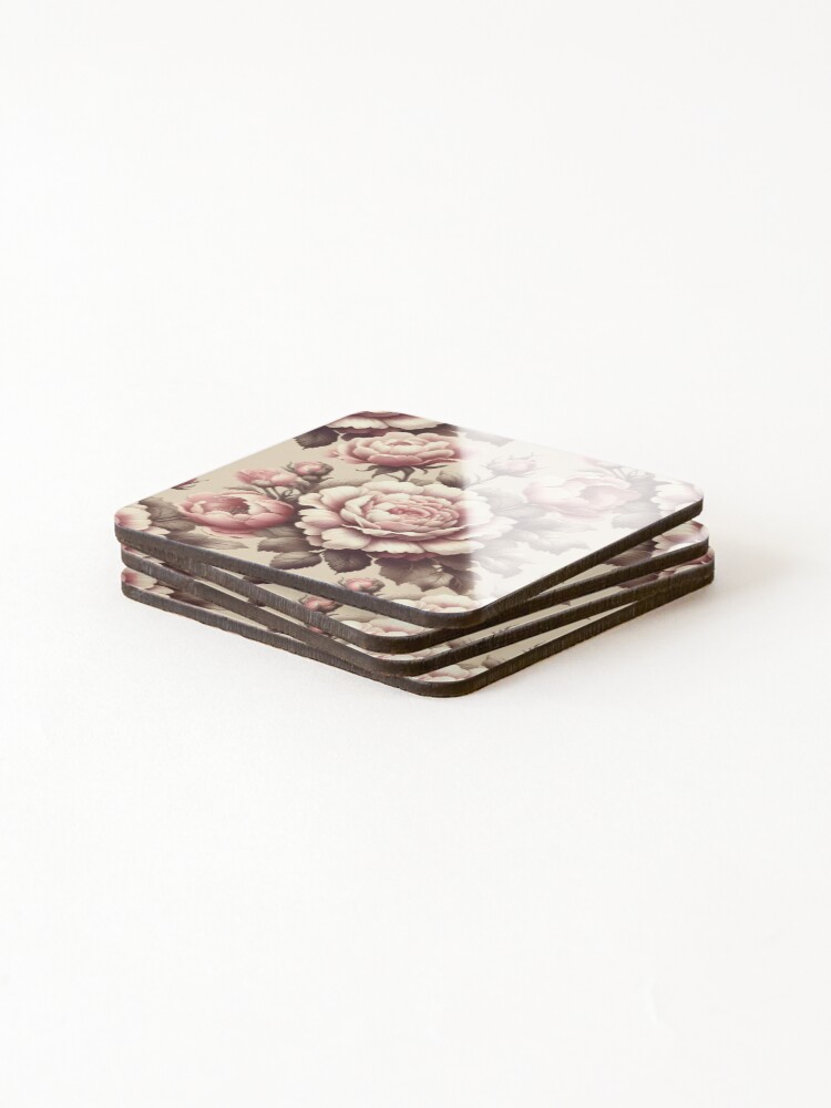 Thumbnail 4 of 5, Coasters (Set of 4), Pink and white Cabbage Roses designed and sold by GraphicsClub.