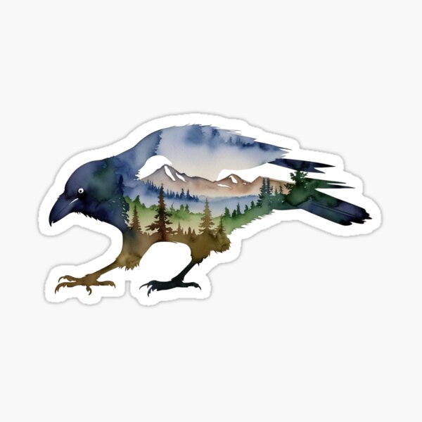 Aperçu de l'œuvre Silhouette de corbeau avec aquarelle incrustée d'une scène de nature dans un parc national ou une forêt, Sauvez notre nature sauvage pour la faune, faites de la randonnée et du camping, T-shirts classiques et autocollants créée et vendue par Mama.Does.Designs.