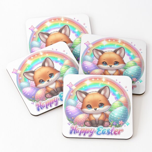 Item preview, fox, baby fox, Easter fox, Happy Easter, pastel Easter eggs, cute animals, woodland creatures, rainbow shine, glossy frame, white background designed and sold by Brilliant minds.
