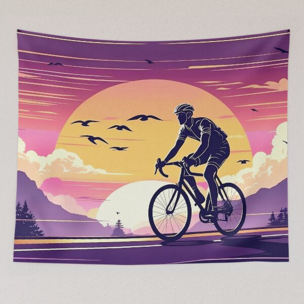 Item preview, Vintage Cyclist at Sunset - Retro Scenic Road Ride with Mountains and Birds designed and sold by Prithbyshop.