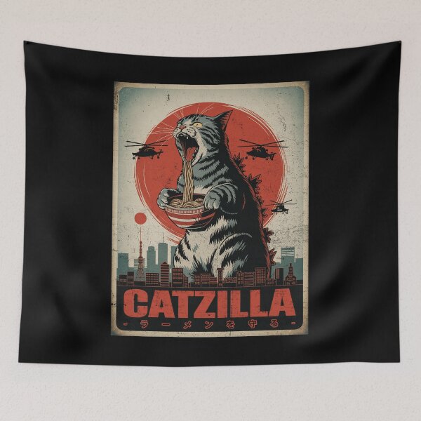Item preview, Catzilla Ramen Guard Giant Cat Protects Noodles Retro Tokyo Art designed and sold by Damcoc.