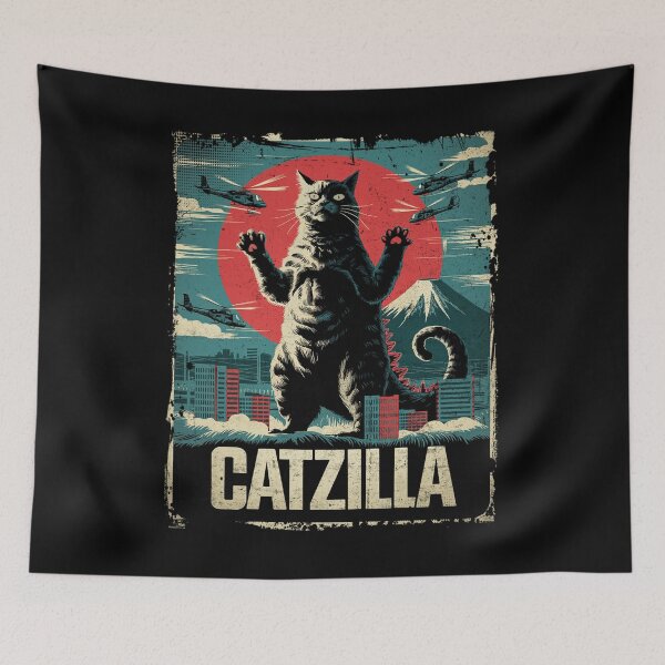 Item preview, Catzilla Mountain Cat Monster Kaiju Japanese Invasion Retro Tokyo Art designed and sold by Damcoc.