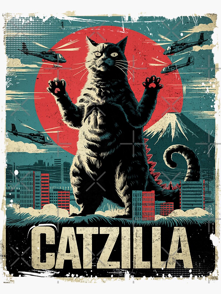 Thumbnail 3 of 3, Sticker, Catzilla Mountain Cat Monster Kaiju Japanese Invasion Retro Tokyo Art designed and sold by Damcoc.