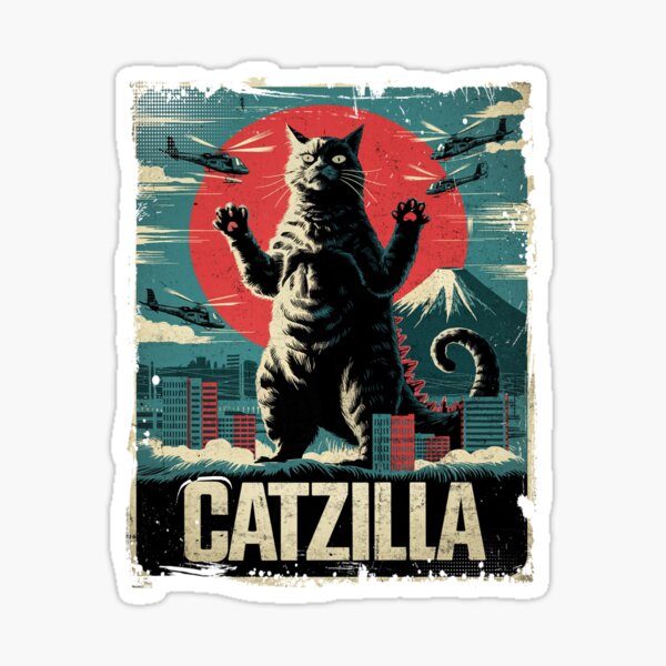 Item preview, Catzilla Mountain Cat Monster Kaiju Japanese Invasion Retro Tokyo Art designed and sold by Damcoc.