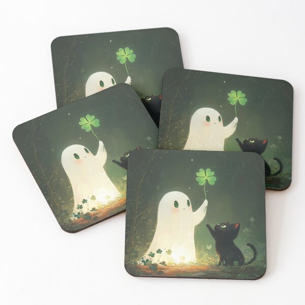 Item preview, Cute Ghost with Lucky Clover & Cat | Adorable Spooky Art designed and sold by StickerHavenn.