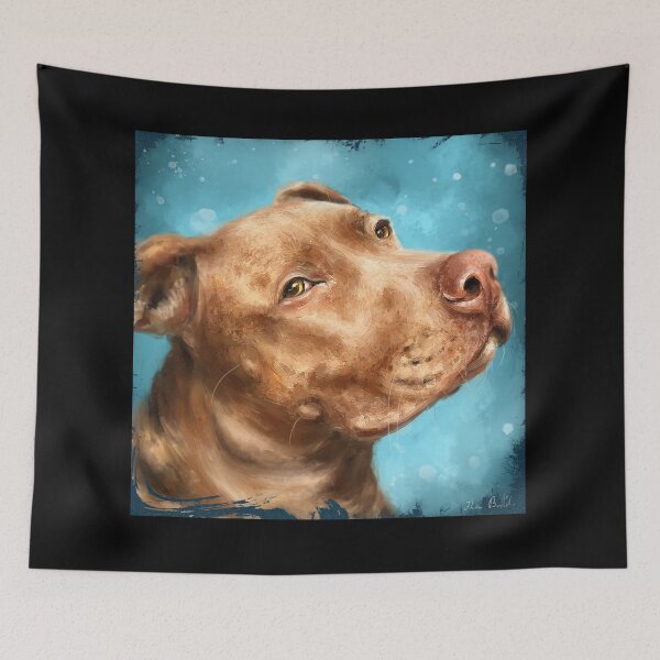 Item preview, Painting of an adorable Red Nose Pit Bull With an Expressive Eyes, on Blue Background designed and sold by ibadishi.
