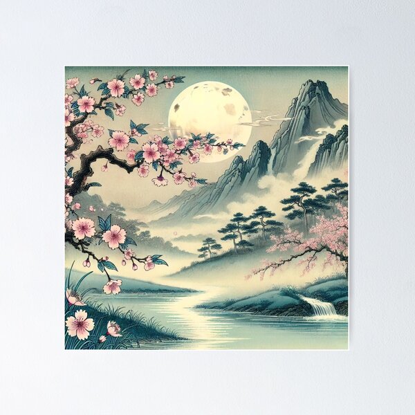 Item preview, Full Moon Over Sakura River - Japanese Landscape Art designed and sold by Enoki design.