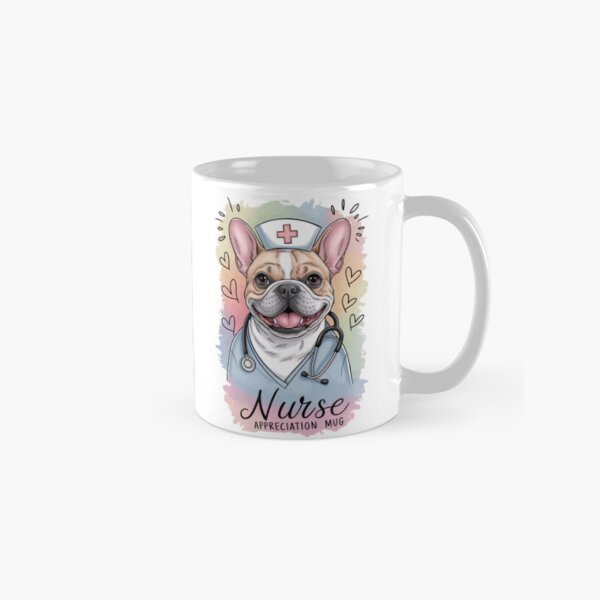 Aperçu de l'œuvre Tasse d'appréciation pour infirmière bouledogue français | Cadeaux pastel pour étudiants vétérinaires, décoration pour soins assistés par des animaux, tasse dessinée à la main pour professionnels de la santé créée et vendue par MediPrints.