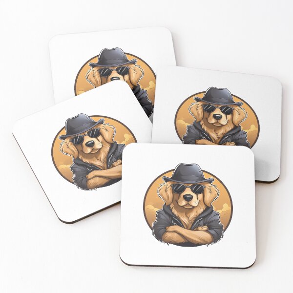Item preview, cool tough golden retriever with arms folded wearing leather jacket, black sunglasses and hat designed and sold by planetgolden.