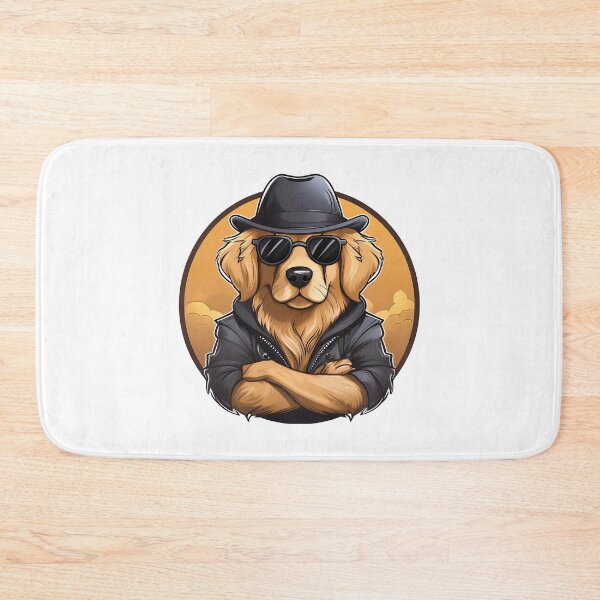 Item preview, cool tough golden retriever with arms folded wearing leather jacket, black sunglasses and hat designed and sold by planetgolden.