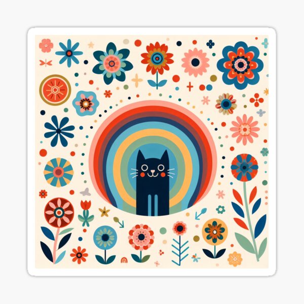 Artikel-Vorschau von Skandinavische Volkskunst Lächelnde glückliche Katze – Regenbogen und bunte Blumen von heidiannemorris, designt und verkauft von FOLK ART FUSION by heidiannemorris.