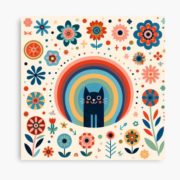 Item preview, Scandinavian Folk Art Smiling Happy Cat – Rainbow and Colourful Florals by heidiannemorris designed and sold by FOLK ART FUSION by heidiannemorris.