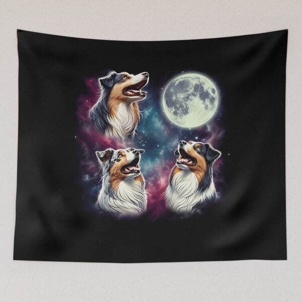Item preview, Three Australian Shepherds Howling at Moon Funny Weird Cursed Meme designed and sold by Kimberley King Art  King Art.