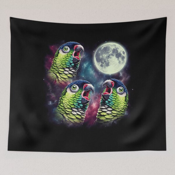 Item preview, Three Green Cheek Conures Howling at Moon Funny Weird Cursed Meme Parrot Lover designed and sold by Kimberley King Art  King Art.
