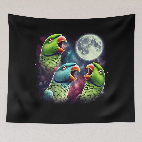 Item preview, Three Indian Ringneck Parrots Howling at Moon Funny Weird Cursed Meme designed and sold by Kimberley King Art  King Art.