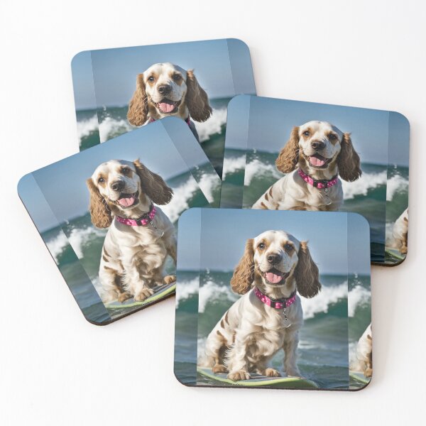 Item preview, Cocker spaniel springer spaniel surfing, pink collar, designed and sold by Coolparrotgirl.