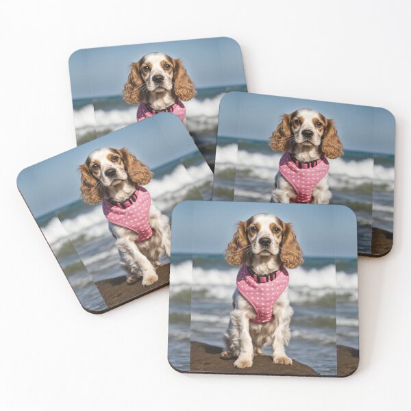 Item preview, Cocker spaniel springer spaniel on the beach, in pink collar, designed and sold by Coolparrotgirl.