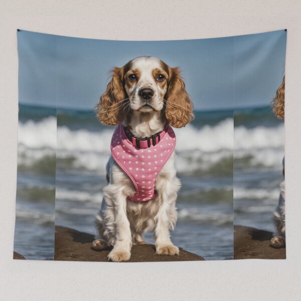 Item preview, Cocker spaniel springer spaniel on the beach, in pink collar, designed and sold by Coolparrotgirl.