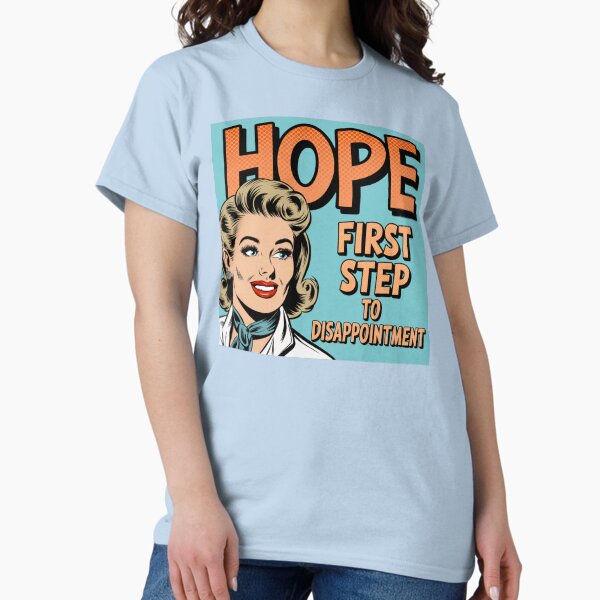 Vista previa del artículo con la obra «Esperanza, decepción, bajas expectativas. oscuro, tonto, meme, funnyfits70, humor, gracioso, retro, vintage, citas divertidas, humor animal,», diseñado y vendido por FunnyFits70.