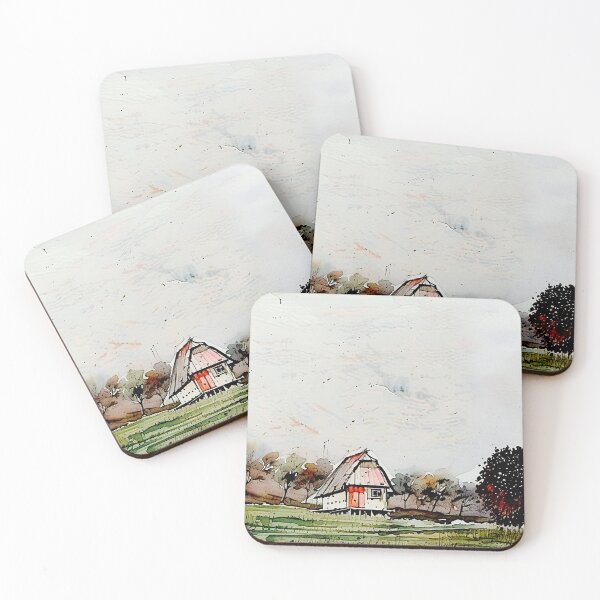 Item preview, water color painting of a landscape with a beautiful hut surrounded by trees and cloudy skies designed and sold by subhashlimaye.