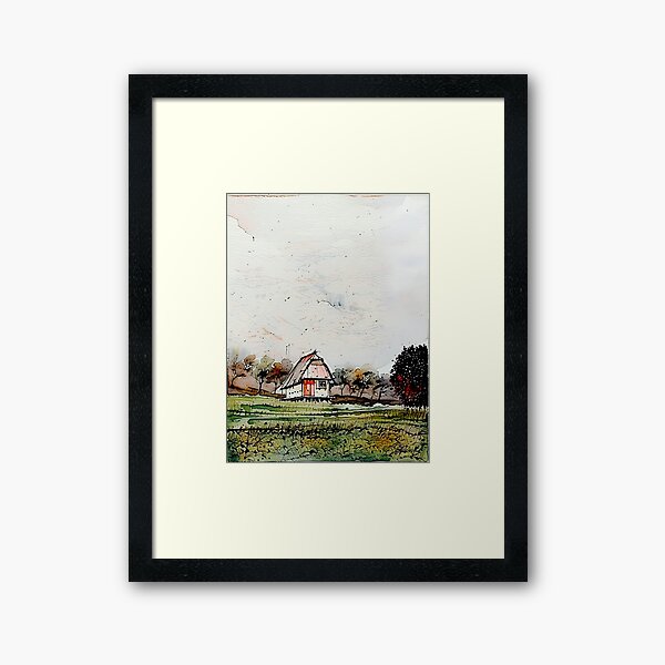 Item preview, water color painting of a landscape with a beautiful hut surrounded by trees and cloudy skies designed and sold by subhashlimaye.
