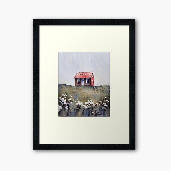 Item preview, Water color landscape with a red hut on a skyline with a unique perspective and white flowers. designed and sold by subhashlimaye.