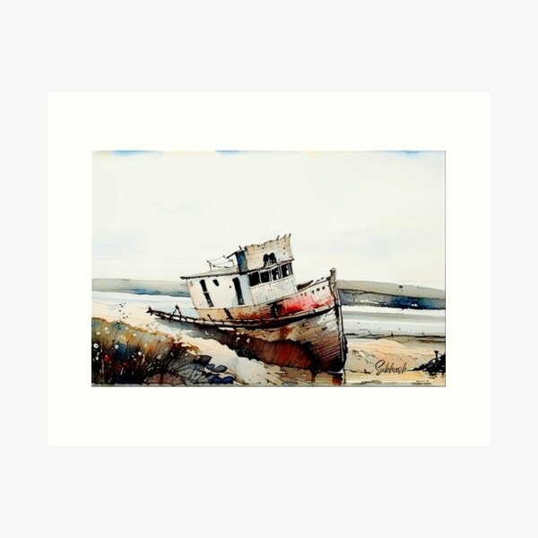 Item preview, Water color landscape painting of a boat wreck docked in water designed and sold by subhashlimaye.