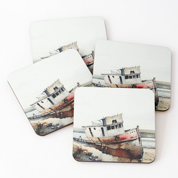 Item preview, Water color landscape painting of a boat wreck docked in water designed and sold by subhashlimaye.