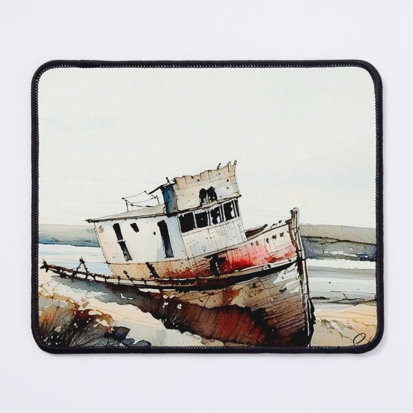 Item preview, Water color landscape painting of a boat wreck docked in water designed and sold by subhashlimaye.
