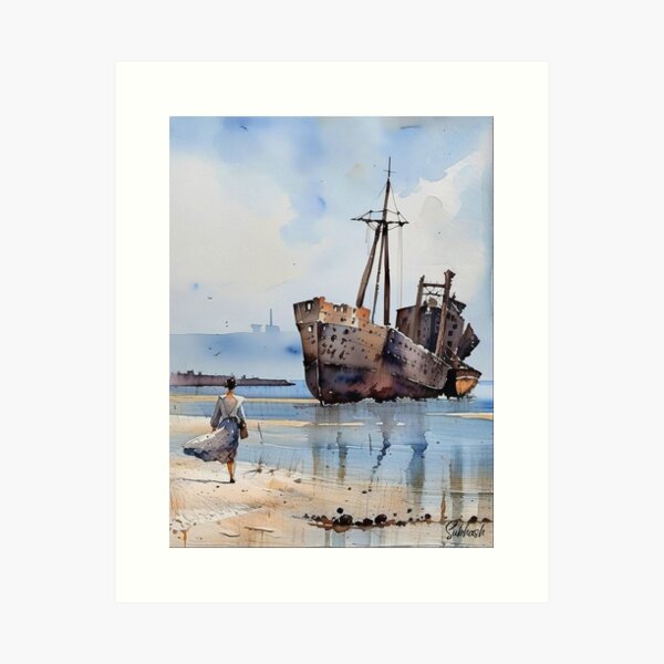 Item preview, Water color docked boat in water with a person on shore designed and sold by subhashlimaye.