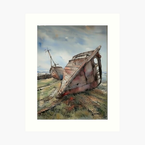 Item preview, Water color landscape painting of wrecked boats on shore with a cloudy sky designed and sold by subhashlimaye.
