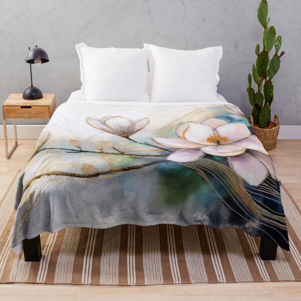 Item preview, White watercolor spring wildflower with abstract green, floral, flowers, botanicals, minimalist abstract watercolor rose, gold highlights, spring decor designed and sold by navitalidesign.
