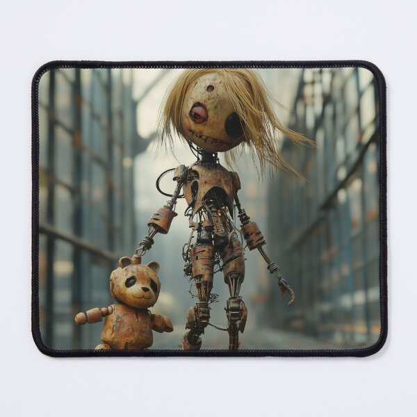 Item preview, "Rusty Robo Girl with Bear – Mysterious & Haunting Digital Art" designed and sold by Kat's Design Hub.