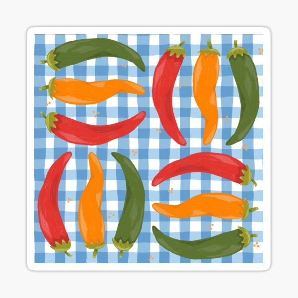 Spicy Picnic - Rustic Chili Peppers on Blue Gingham Sticker
