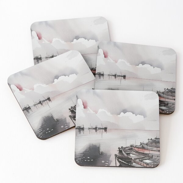 Item preview, fishermen ships docked at the lake side with a approaching storm designed and sold by subhashlimaye.