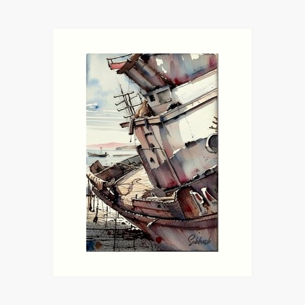 Item preview, Water color painting of a wrecked ship on shore designed and sold by subhashlimaye.