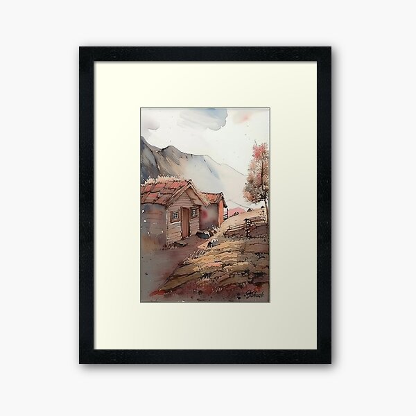 Item preview, Scenic water color of village huts with mountains designed and sold by subhashlimaye.