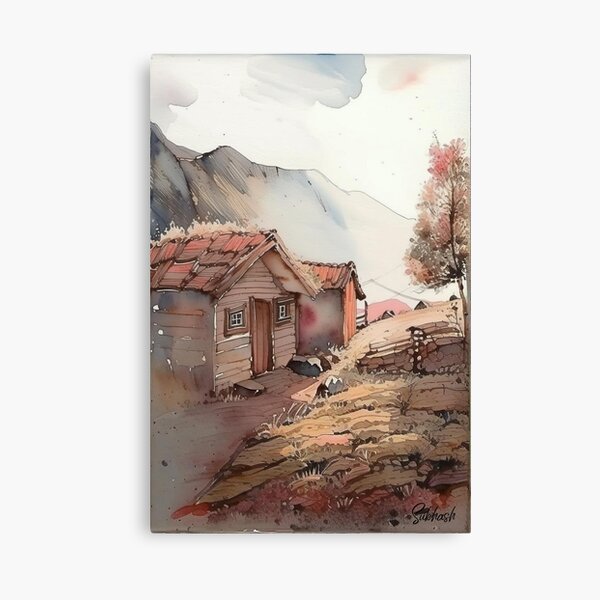 Item preview, Scenic water color of village huts with mountains designed and sold by subhashlimaye.