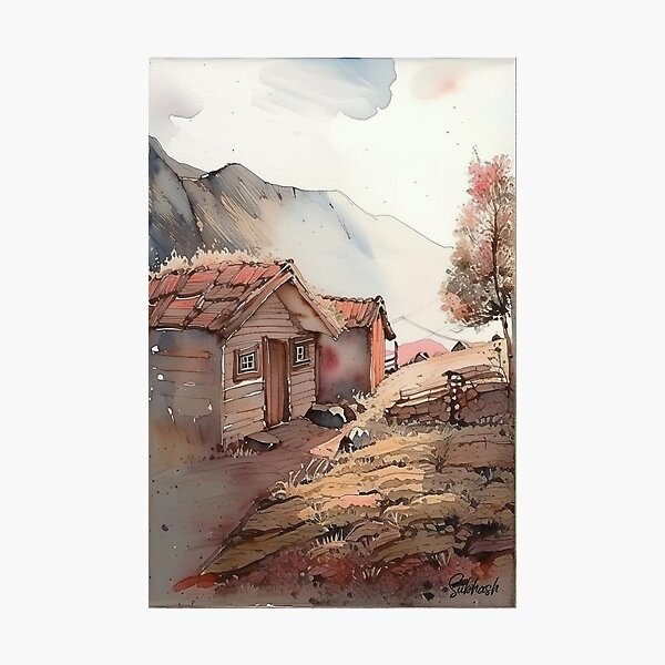 Item preview, Scenic water color of village huts with mountains designed and sold by subhashlimaye.