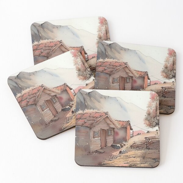 Item preview, Scenic water color of village huts with mountains designed and sold by subhashlimaye.