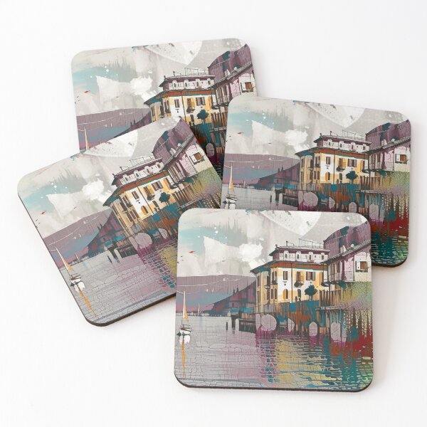 Item preview, Artistic Vibrant Lakeside Village with a boat in a lake designed and sold by subhashlimaye.