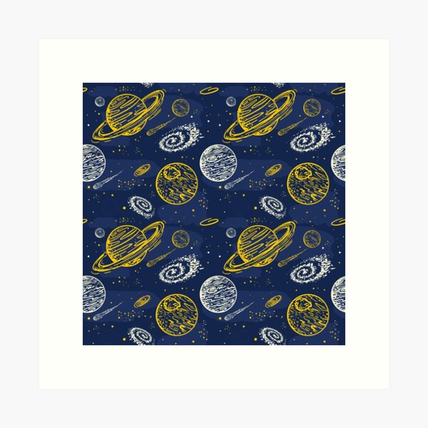 Item preview, Hand drawn abstract Outerspace with planets comets and stars repeating pattern designed and sold by Jdawnink.